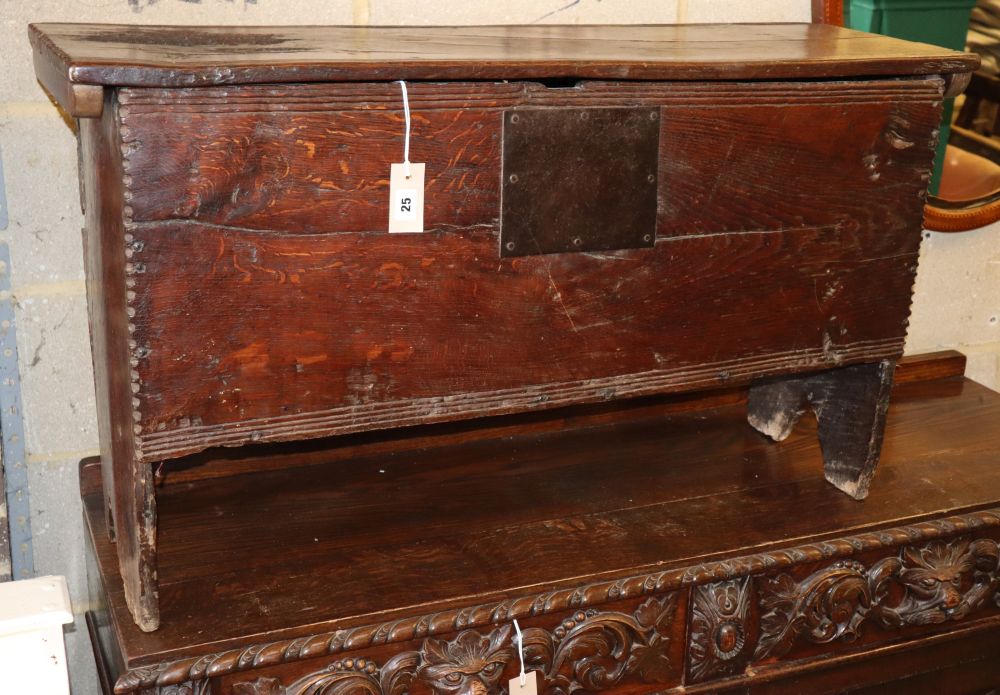 An 18th century Sussex oak six plank coffer, W.102, D.33cm, H.58cm